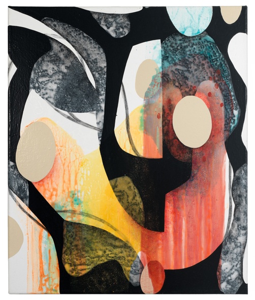 An abstract painting with three narrow, hard-edged black shapes that float top to bottom, one on the left, middle, and right. Behind are yellow and orange washes of color; six tan oval shapes scatter around the canvas.