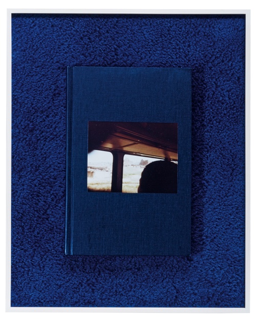 Against a blue carpet sits a blue book with a photograph affixed to the cover depicting a train's interior with a silhouetted head looking out the window.