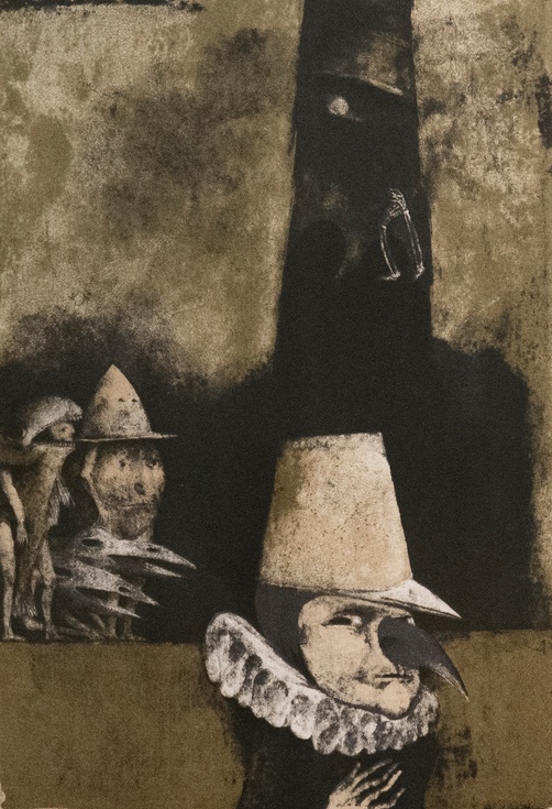 A person with a beak-like nose looks backwards at a group of costumed figures while skeletal arms emerge from the shadows to reach towards a large ringing bell.