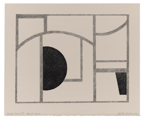 A black-and-white print with straight and curved lines, half of a black circle, and a trapezoid.