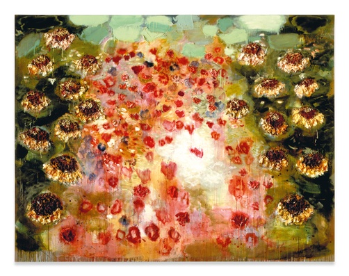 A large, textured, abstract painting of a sunflower field with red, abstract poppies filling the center of the painting.