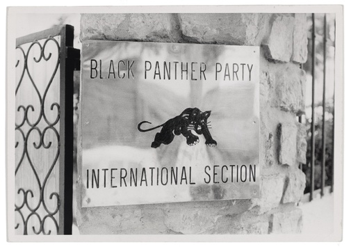 A black and white image of a metal plaque with a black panther illustrated in the center and the words “BLACK PANTHER PARTY” above and “INTERNATIONAL SECTION” below.