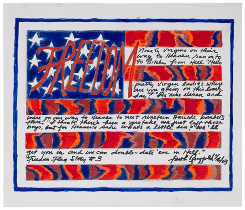An abstract drawing of an American flag with “FREEDOM” written in script imposed on the stars and smaller, black cursive written through the white stripes alternating with patterned red stripes.