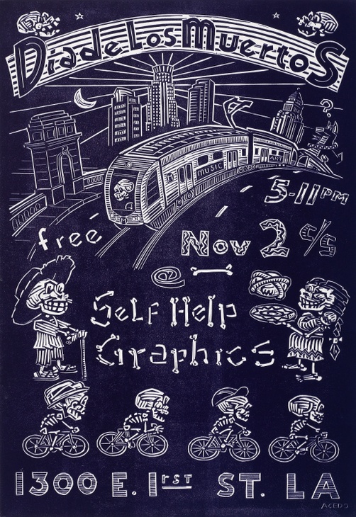 A black and white print of a cityscape behind a train with skeletons doing various daily activities and text "Dia de los Muertos" and "Self Help Graphics".