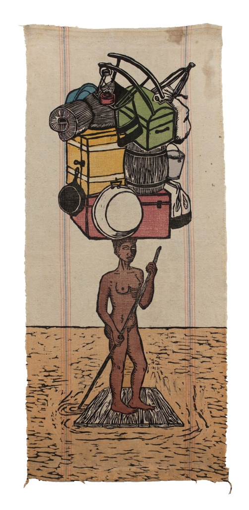 A color print depicts a naked, dark-skinned woman using a staff to row the wooden raft she stands on, all while balancing a stack of household items on her head.