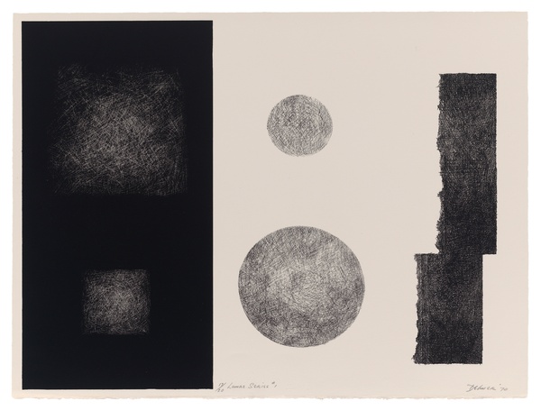 A black-and-white print of squares, circles, and rectangles. 