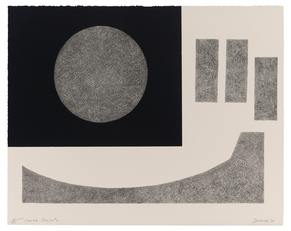 A black-and-white print of a gray circle in a black square, rectangles, and an arc.