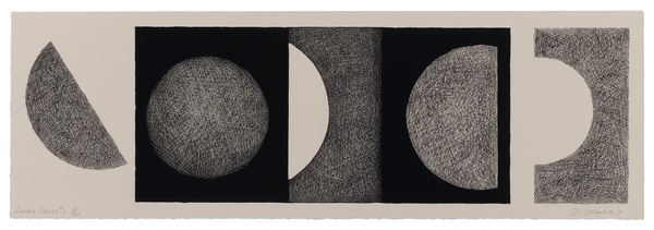 A black-and-white series of geometric arcs that mimic moon phases.