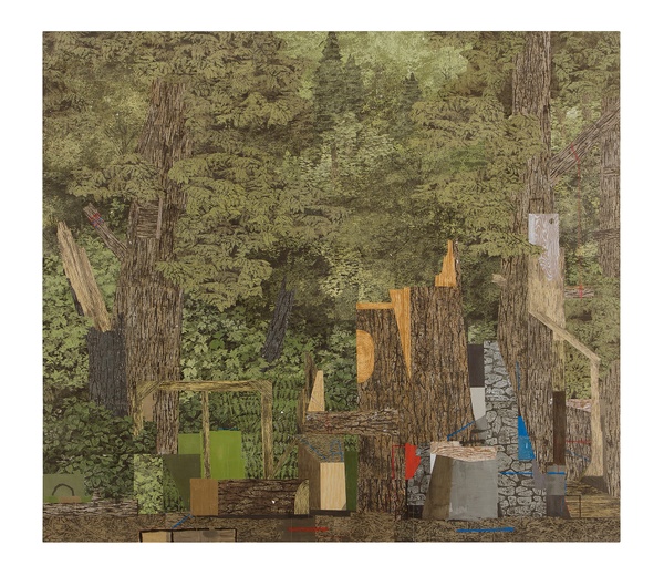 An abstract painting of a forest with chopped tree trunks near the front and stone-like and metal-like materials scattered around the damaged trees.