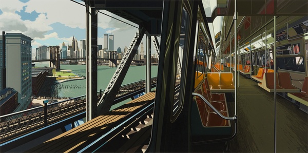 A print of the inside of a subway train on the right and the view out of the train window of the tracks and a bay along a city skyline on the left.