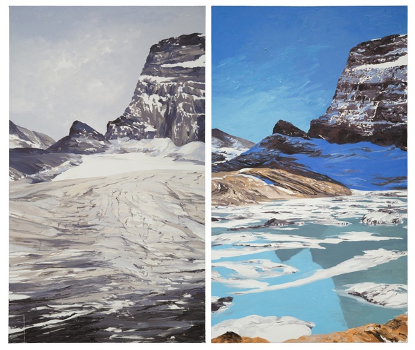 Two panels side by side depict the same mountainous landscape. The left scene is snow covered and cold while the right includes warm browns, blue skies, and less snow.