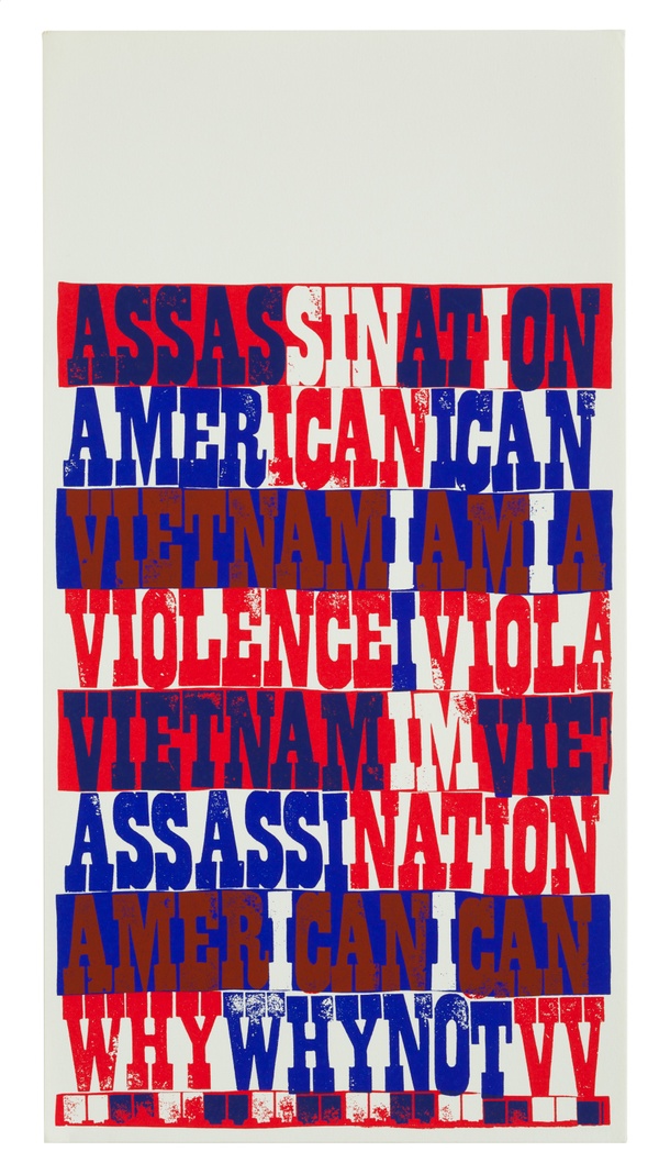 Blue, red, and white horizontal stripes printed on paper with words "Assassination," "American," "Violence," "Vietnam," and "Why not" printed in rows within the stripes in red, blue, and white.