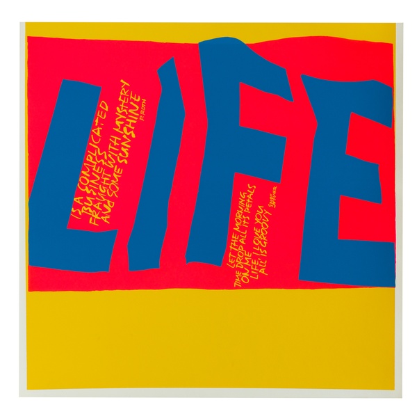 A yellow printed paper with a thick, red band screenprinted across the top two-thirds of the paper with the word "LIFE" printed in blue. Small, yellow text is printed vertically next to the "L" and "F" in life.