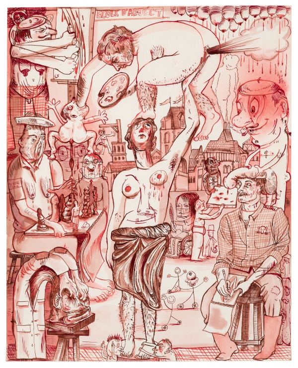 A drawn image of a chaotic, bizarre, and violent event backgrounded by Medieval architecture; the central light-skinned woman with a face on her bare chest lifts a person above her.