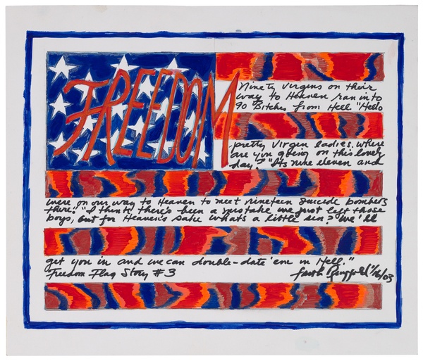 An abstract drawing of an American flag with “FREEDOM” written in script imposed on the stars and smaller, black cursive written through the white stripes alternating with patterned red stripes.
